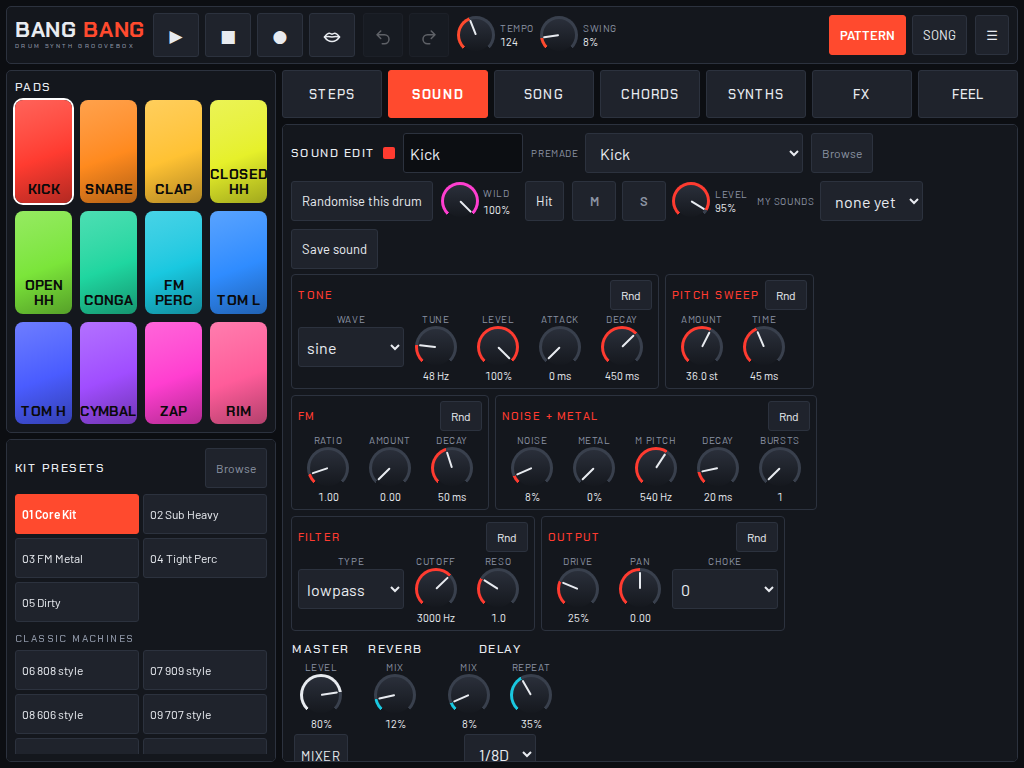 An iPad on its side on the Sound tab, the Mixer button at the foot under the Master knob